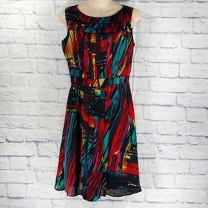 🎟️BOGO FREE🎟️ Ellen Tracy Dress Sleeveless w Pleats Artsy Vivi Colors Sz 4